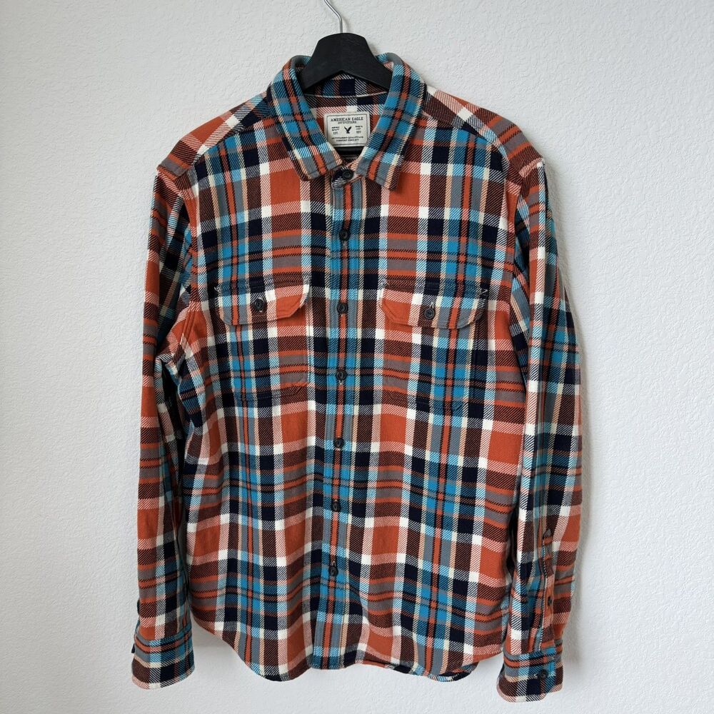 AE American Eagle Men’s Size‎ L Heavy Blue Orange Plaid Flannel OverShirt